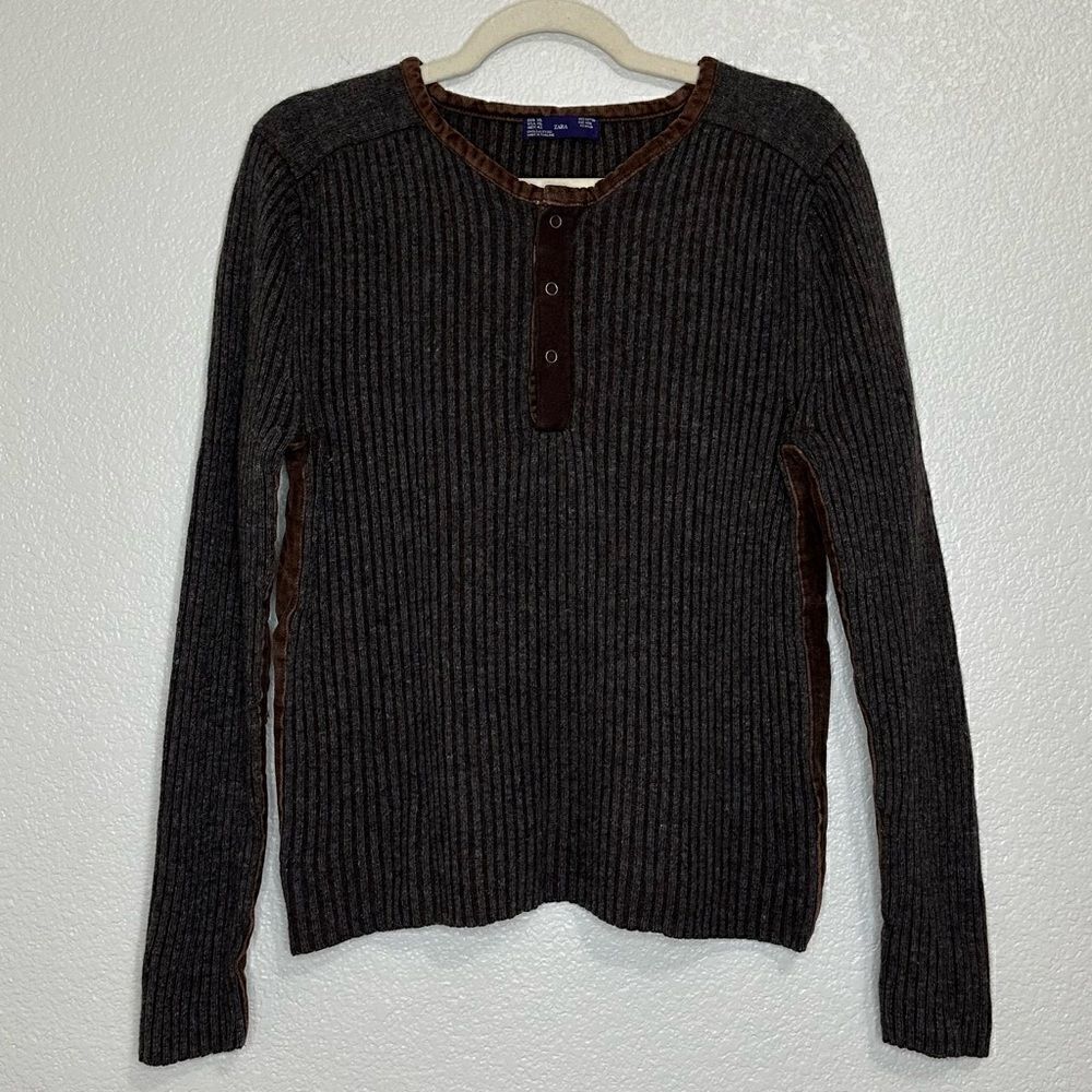 Zara Men’s Wool Blend Knitted Velvet Trim Henley Sweater